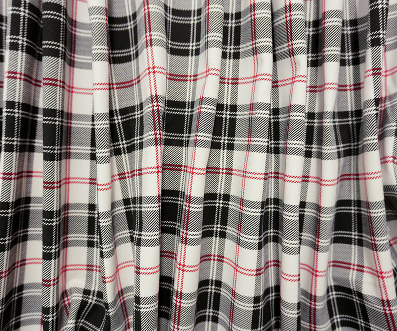 Black-White-Red Cotton Stretch Plaid Printed Twill Woven Fabric
