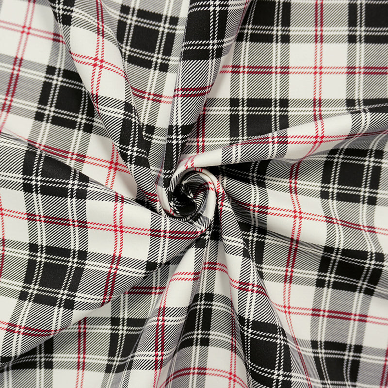 Black-White-Red Cotton Stretch Plaid Printed Twill Woven Fabric