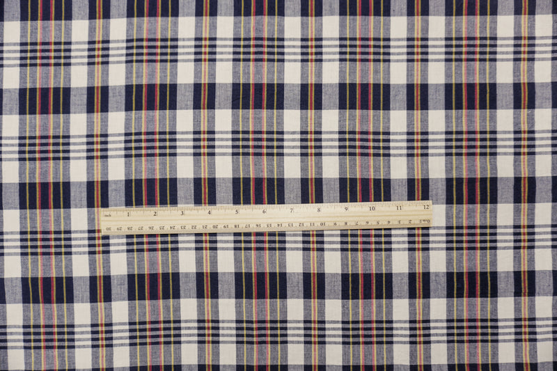 Navy-Yellow-Multi Cotton Plaid Madras Woven Fabric