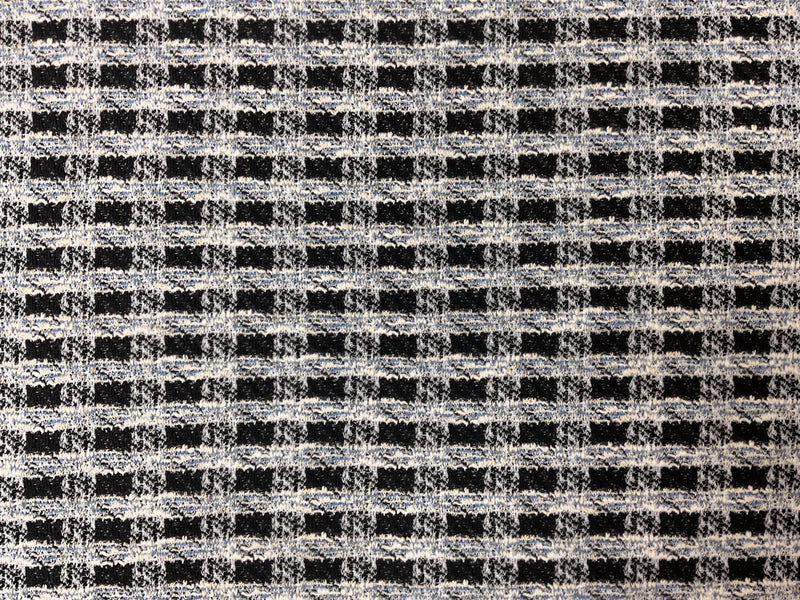 Black-Blue-Gold Poly Blend Boucle Plaid Jacquard Knit Fabric