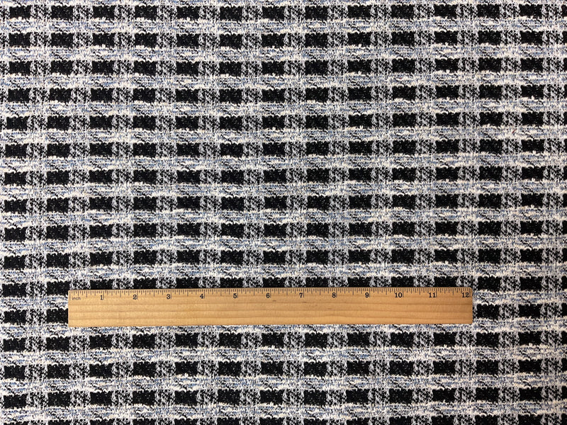 Black-Blue-Gold Poly Blend Boucle Plaid Jacquard Knit Fabric