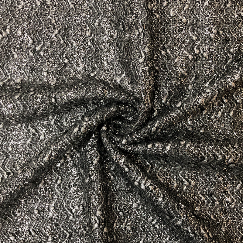 Silver Poly Foil Printed Wave Sequin Boucle Novelty Knit Fabric