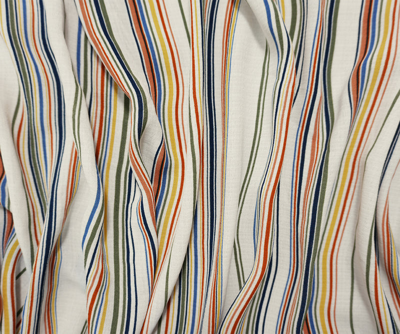 Orange-Navy-White Famous Maker Poly Linen-Like Stripe Woven Fabric