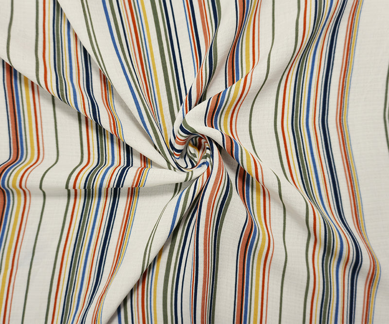 Orange-Navy-White Famous Maker Poly Linen-Like Stripe Woven Fabric