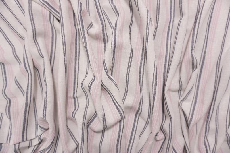White-Navy-Pink Famous Maker Rayon Linen Stripe Woven Fabric