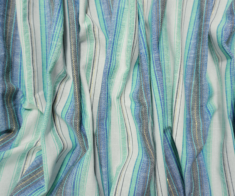 Green-Gold Poly Rayon Cotton Famous Maker Stripe Woven Fabric