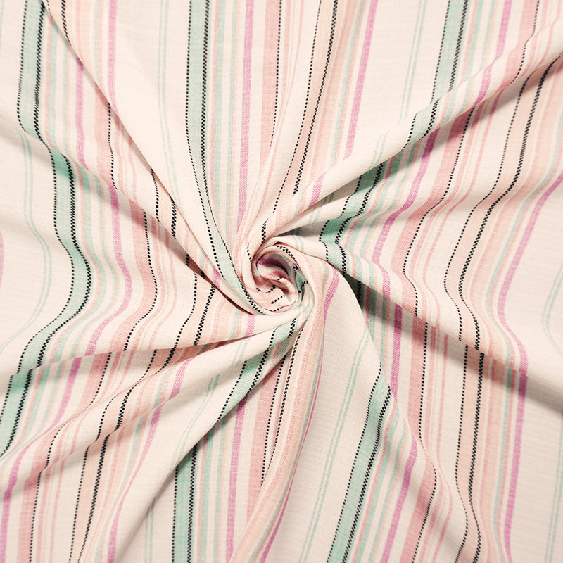 Pink-White-Green Poly Stripe Slub Woven Fabric