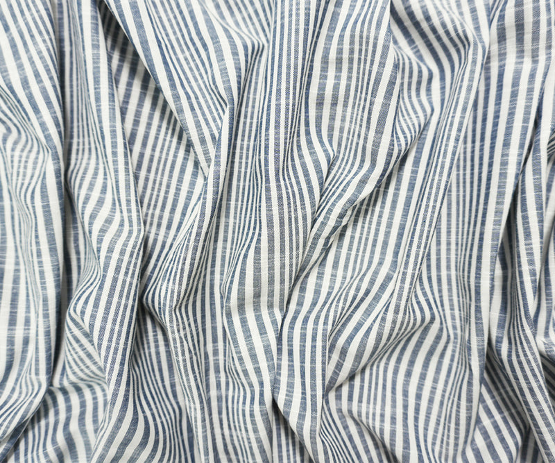 Navy Blue-White Famous Maker Cotton Stripe Slub Woven Fabric