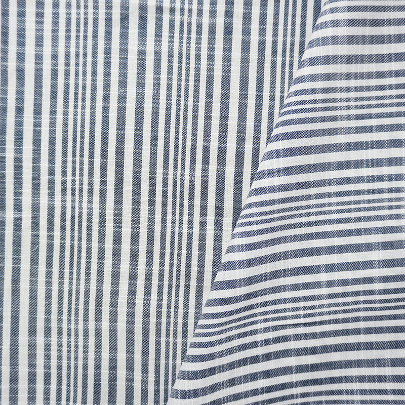 Navy Blue-White Famous Maker Cotton Stripe Slub Woven Fabric