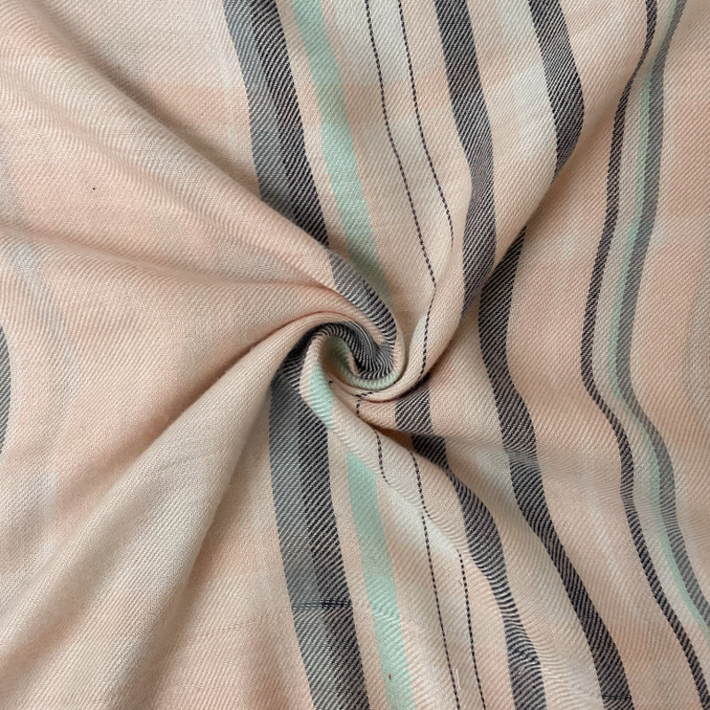 Light Peach-Navy-Multi Rayon Stripe Twill Woven Fabric