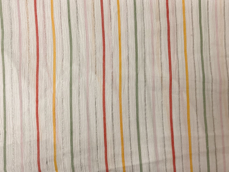 White-Silver-Teal Cotton Lurex Stripe Crinkled Woven Fabric