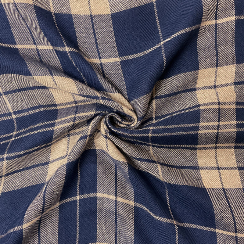 Blue-Beige Rayon Plaid Herringbone Twill Woven Fabric