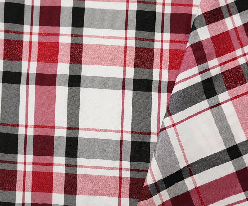 Black-White-Metallic Red Poly Plaid Taffeta Woven Fabric