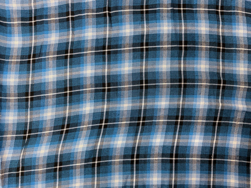 Blue-Black-White Rayon Plaid Twill Woven Fabric