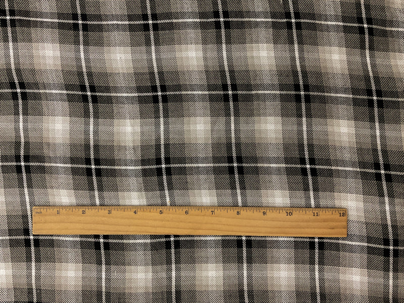 Taupe Beige-Black-White Rayon Plaid Twill Woven Fabric