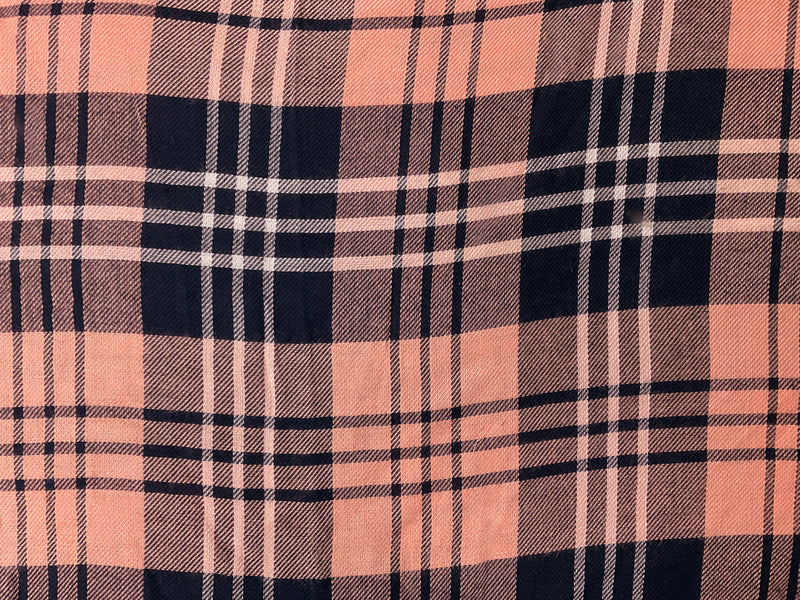 Navy-Coral-White Rayon Plaid Twill Woven Fabric