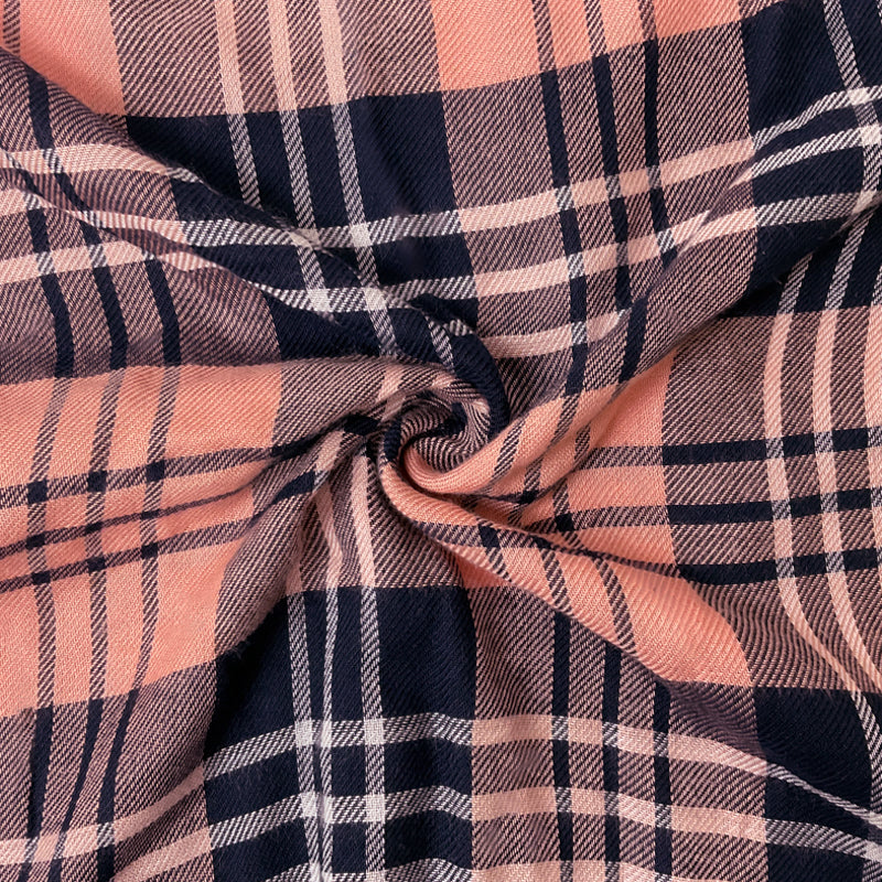Navy-Coral-White Rayon Plaid Twill Woven Fabric