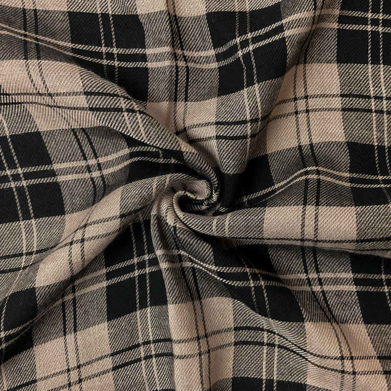 Black-Taupe Rayon Plaid Twill Woven Fabric