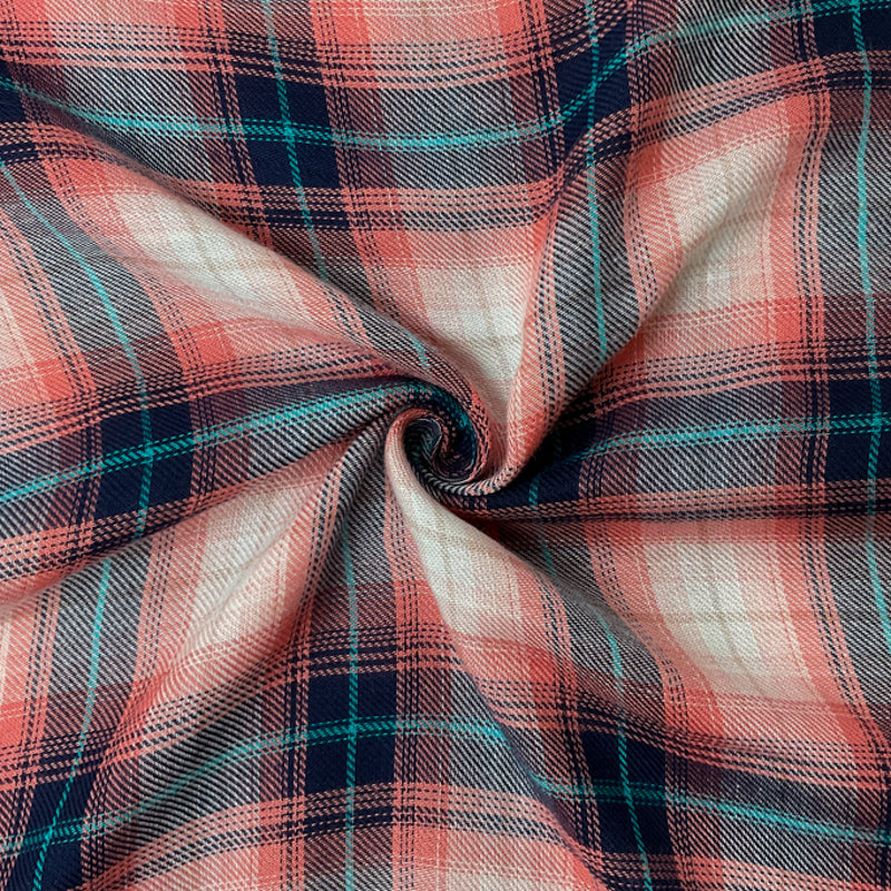 Coral-Navy-Multi Rayon Plaid Twill Woven Fabric