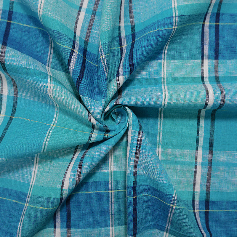 Turquoise-White-Multi Cotton Plaid Madras Woven Fabric