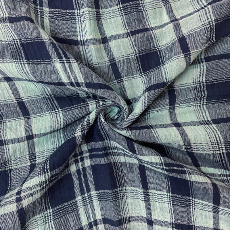 Navy-Light Teal-Multi Cotton Plaid Crinkled Twill Woven Fabric