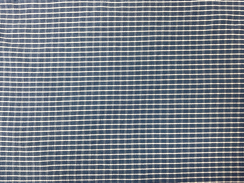 Blue-White Poly Spandex Stretch Check Crinkled Woven Fabric