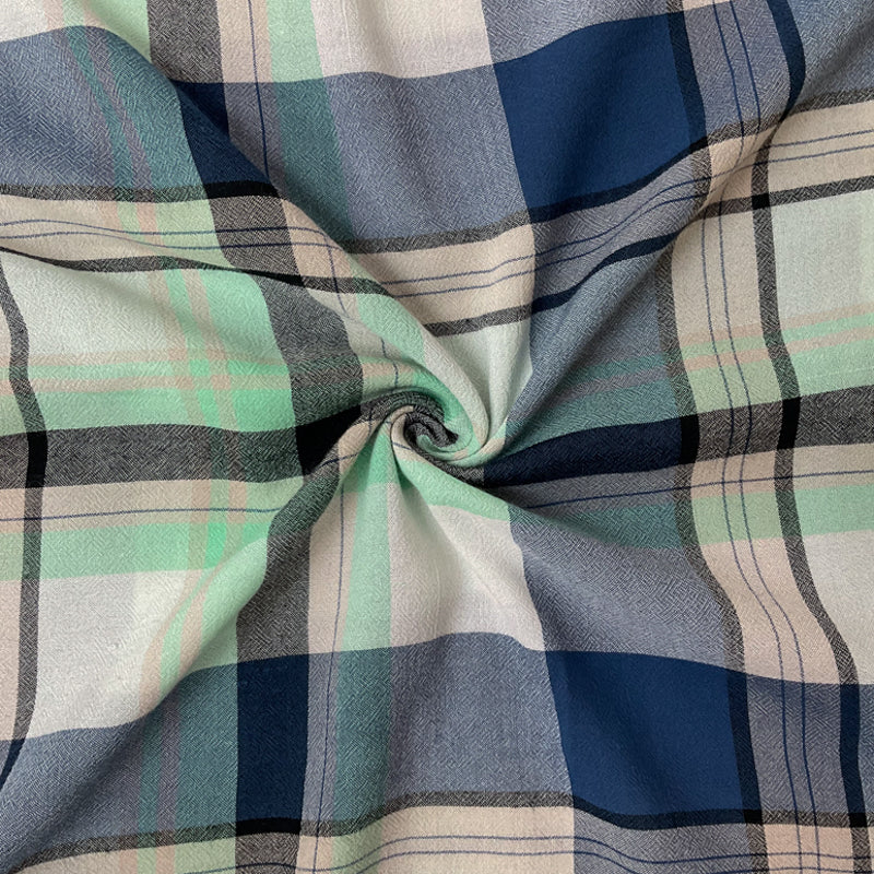 Blue-Green-Multi Rayon Plaid Twill Woven Fabric