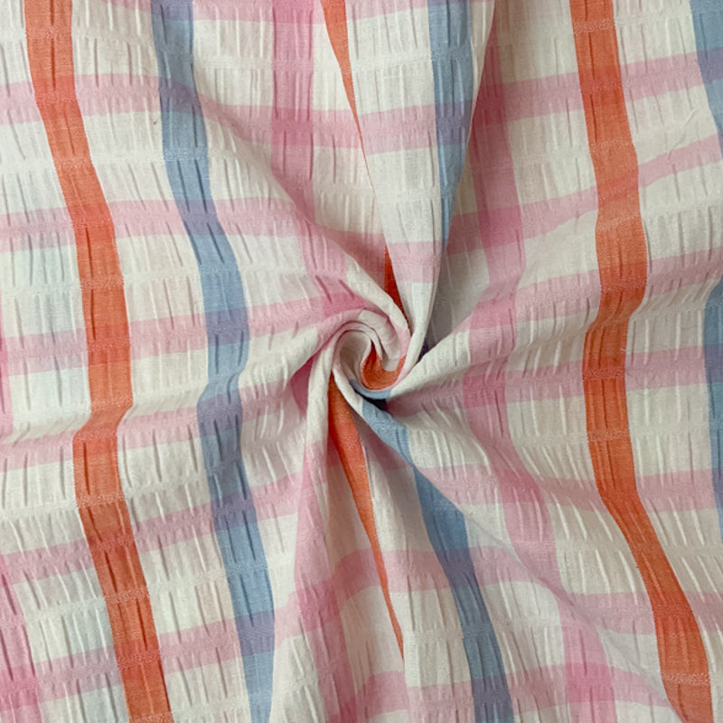 Pink Cotton Plaid-Check Seersucker Woven Fabric