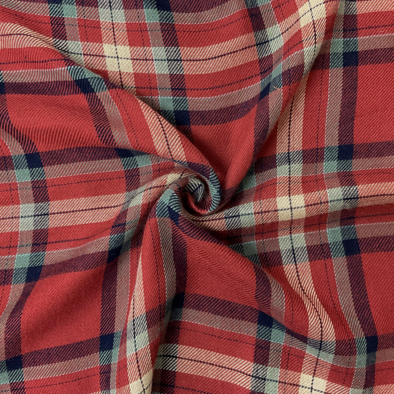 Red-Navy-Multi Rayon Plaid Twill Woven Fabric