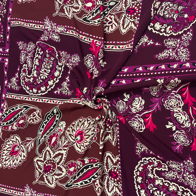Purple-Multi Famous Designer Viscose Paisley Crepe Faille Fabric
