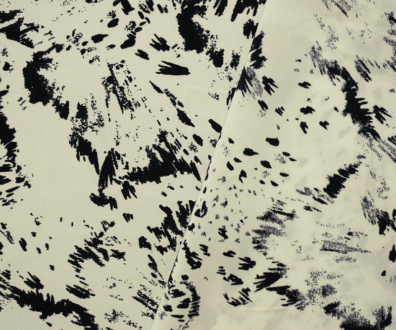 Ivory-Black Designer Viscose Abstract Crepe De Chine Woven Fabric