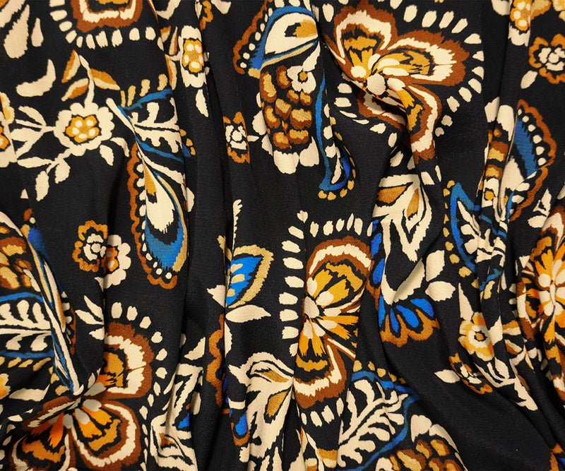 Black-Multi Designer Viscose Floral Print Crepe De Chine Fabric