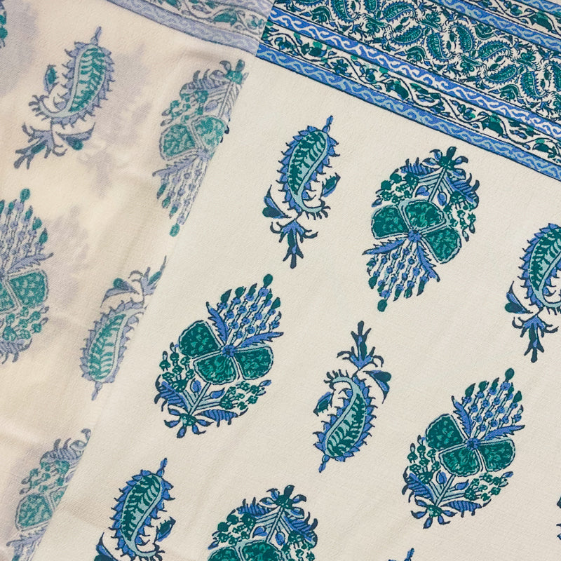 Ivory-Blue Designer Viscose Border PANEL Crepe Faille Fabric