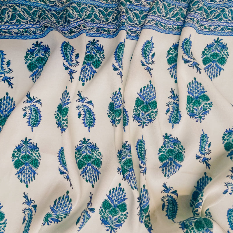 Ivory-Blue Designer Viscose Border PANEL Crepe Faille Fabric