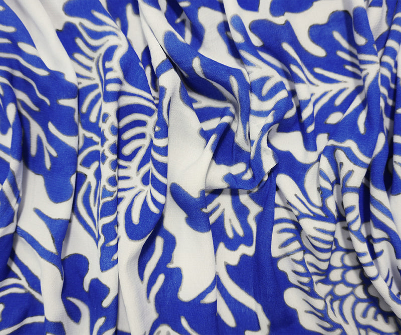 Blue Famous Designer Viscose Floral Printed Crepe Faille Woven Fabric