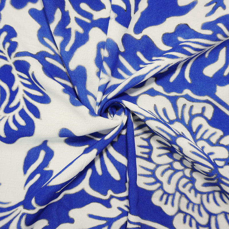 Blue Famous Designer Viscose Floral Printed Crepe Faille Woven Fabric