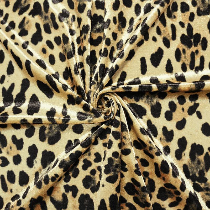 Beige-Black Designer Poly Leopard Printed Velvet Knit Fabric