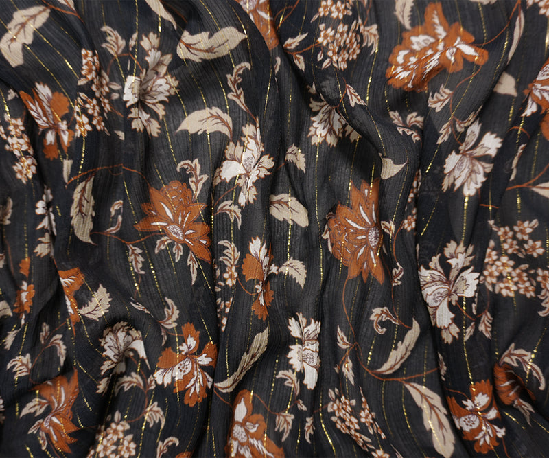 Black-Gold Famous Designer Viscose Silk Floral Chiffon Fabric