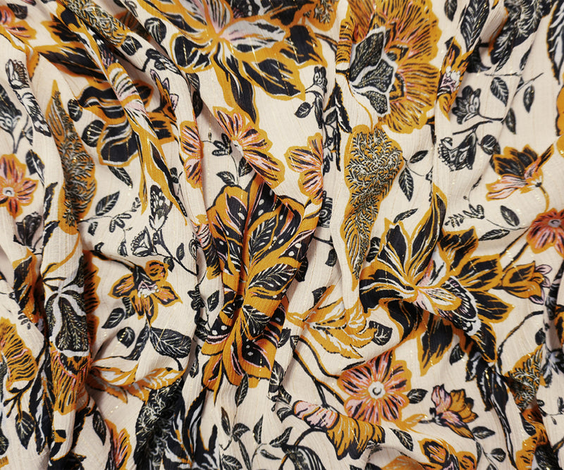 Yellow-Gold Famous Designer Viscose Silk Floral Chiffon Fabric