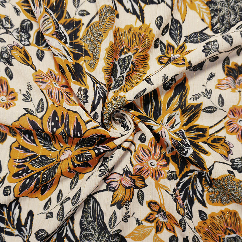 Yellow-Gold Famous Designer Viscose Silk Floral Chiffon Fabric