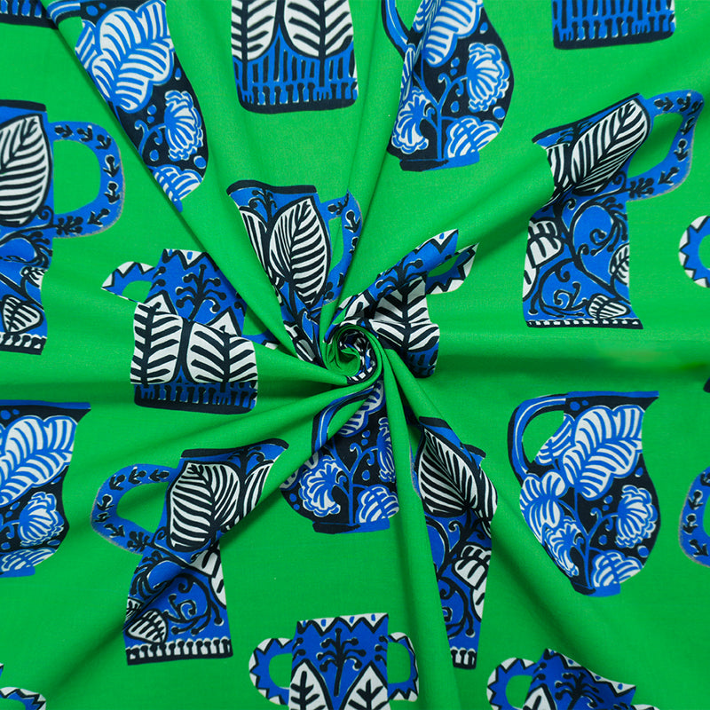 Green-Blue Famous Designer Cotton Vase Printed Batiste Woven Fabric