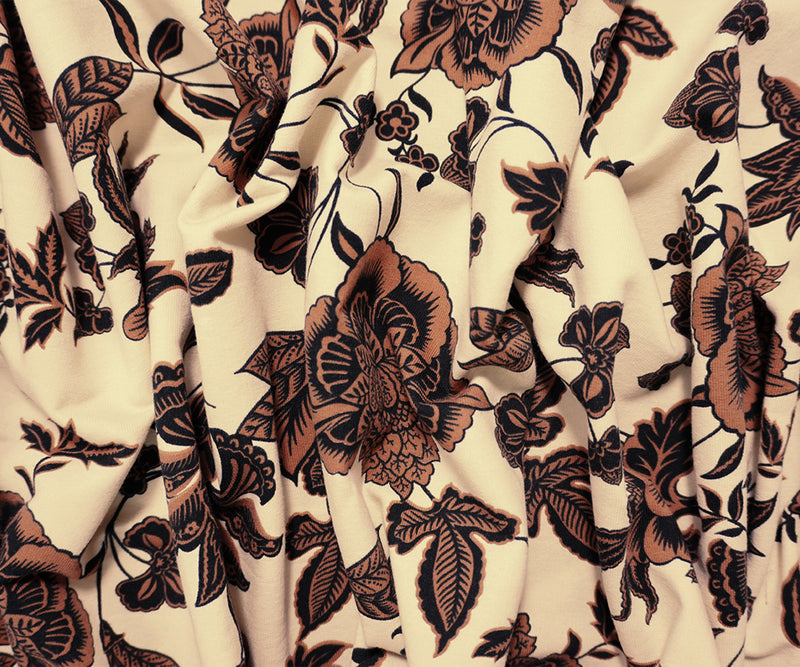 Brown Famous Designer Cotton Floral French Terry Knit Fabric