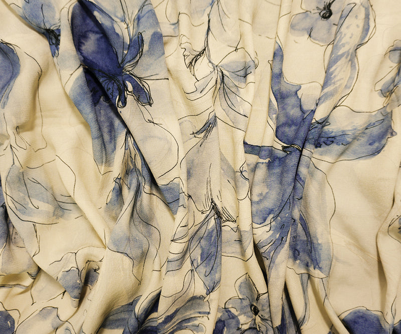 Ivory-Blue Famous Designer Viscose Floral Printed Crepe Faille Woven Fabric