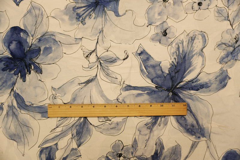 Ivory-Blue Famous Designer Viscose Floral Printed Crepe Faille Woven Fabric