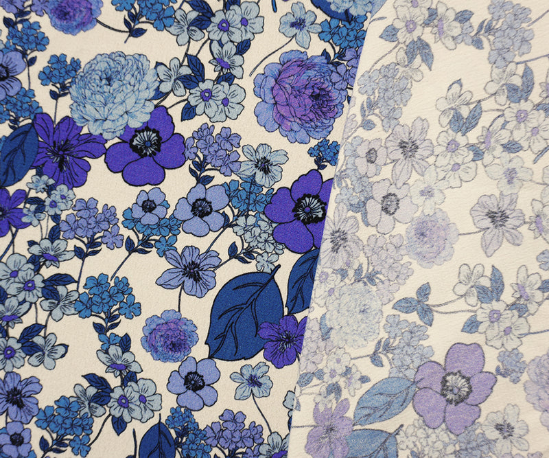 Blue-White Famous Designer Viscose Floral Crepe Faille Fabric