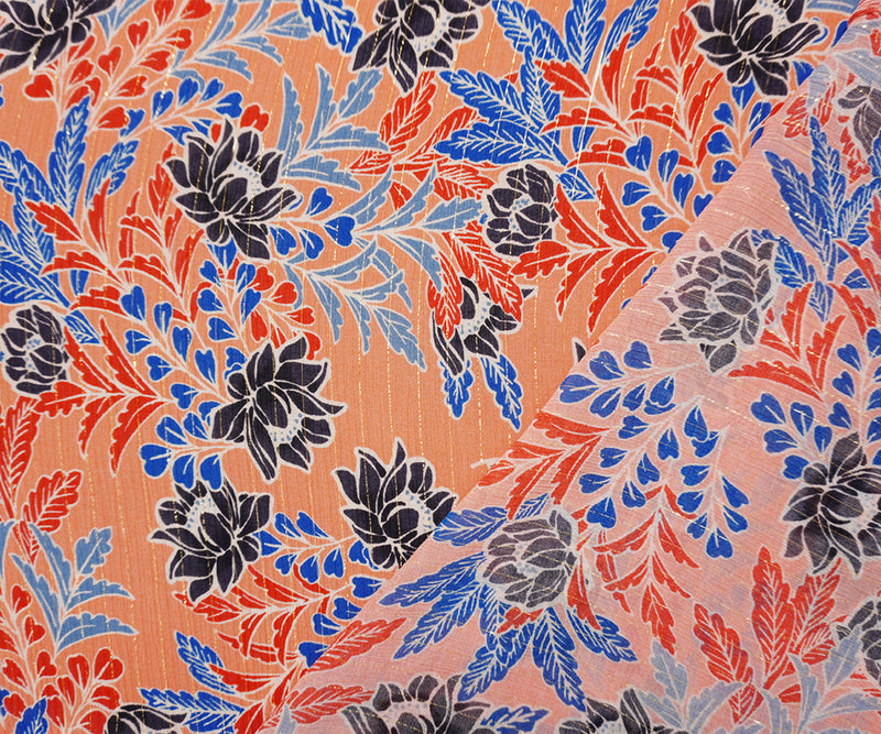Orange-Gold Famous Designer Viscose Silk Floral Chiffon Fabric