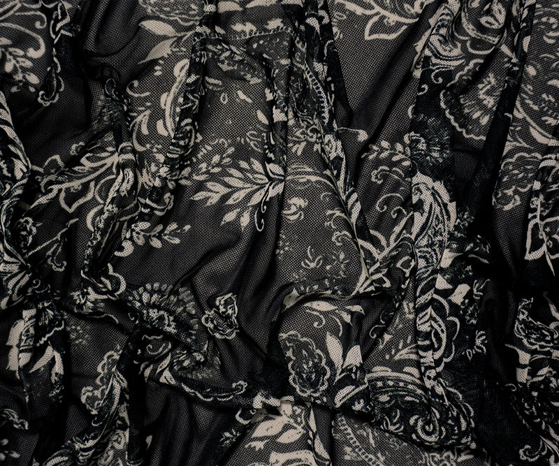 Black-Ivory Famous Designer Poly Paisley Printed Mesh Knit Fabric