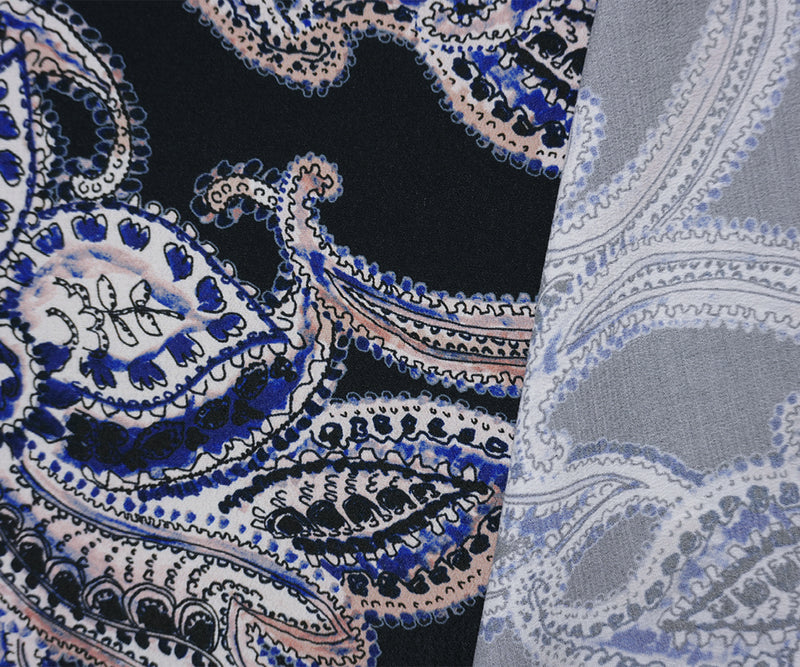 Black-Blue Famous Designer Viscose Paisley Crepe Faille Fabric