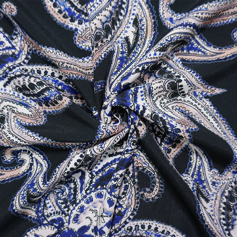 Black-Blue Famous Designer Viscose Paisley Crepe Faille Fabric