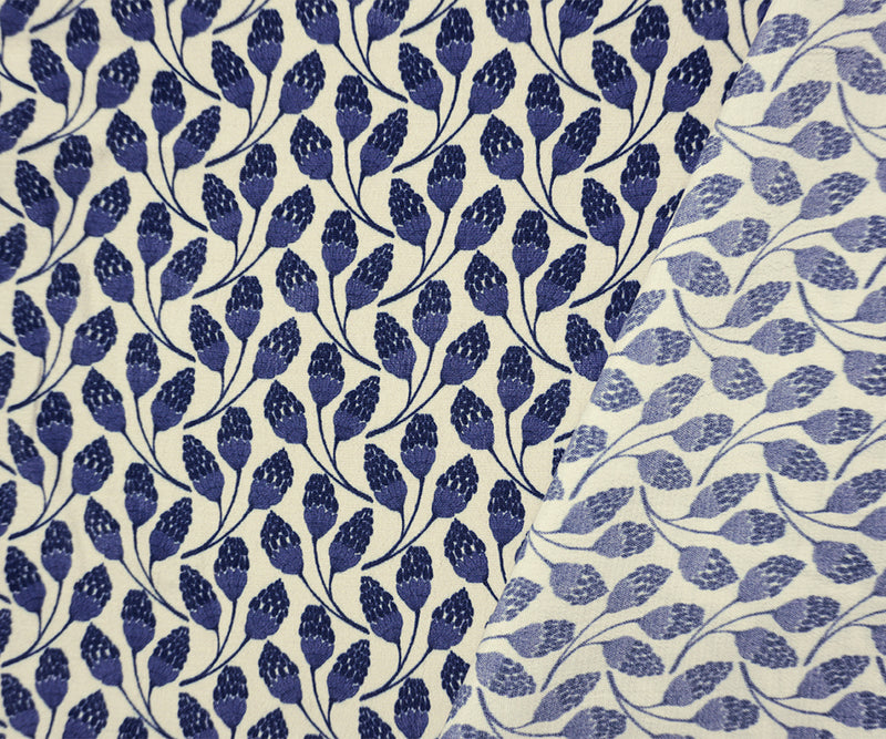 Blue-Beige Famous Designer Viscose Floral Crepe Faille Fabric